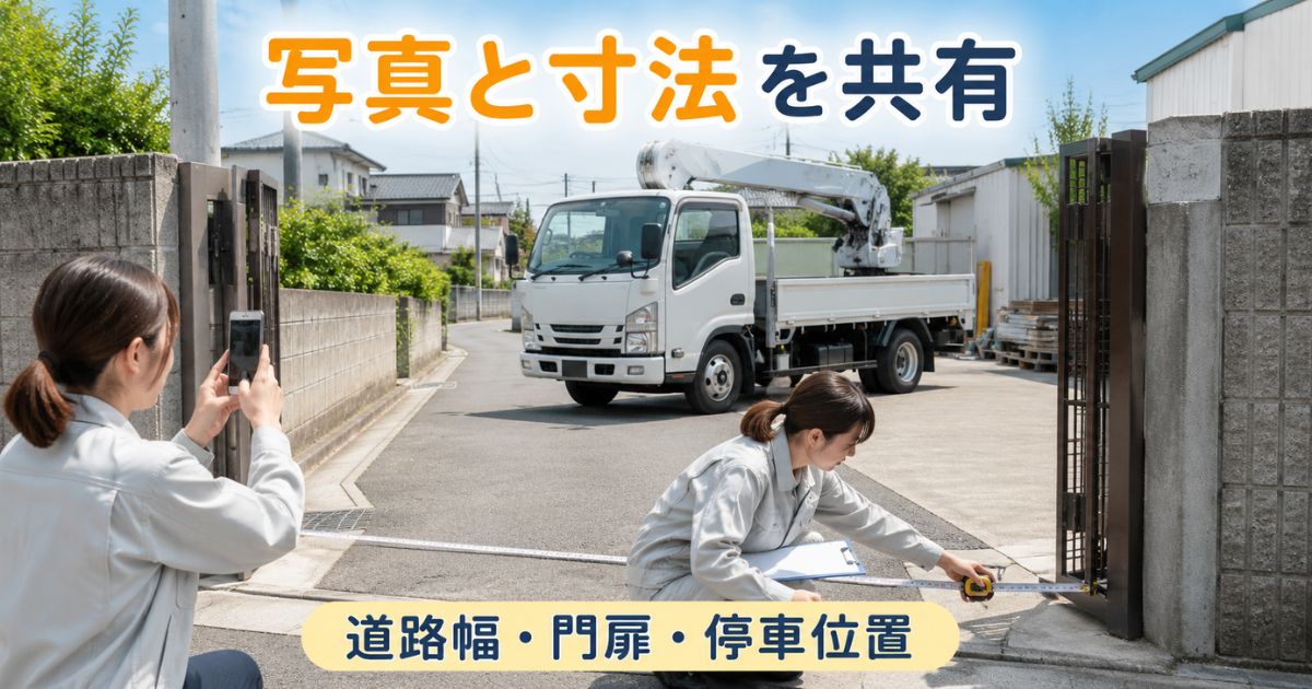 ユニック車の手配前に道路幅と門扉を測り現場写真と寸法を業者へ共有する様子