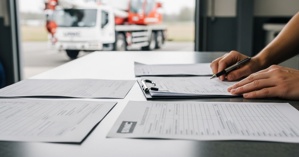 ユニック車の車検前に、法定点検や装置点検の記録書類をチェックしている様子