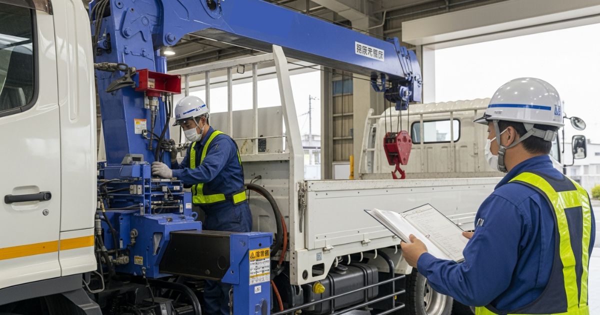 整備前にユニック車（トラック搭載型クレーン）の外観と装置を指差し確認し、点検表で照合している様子