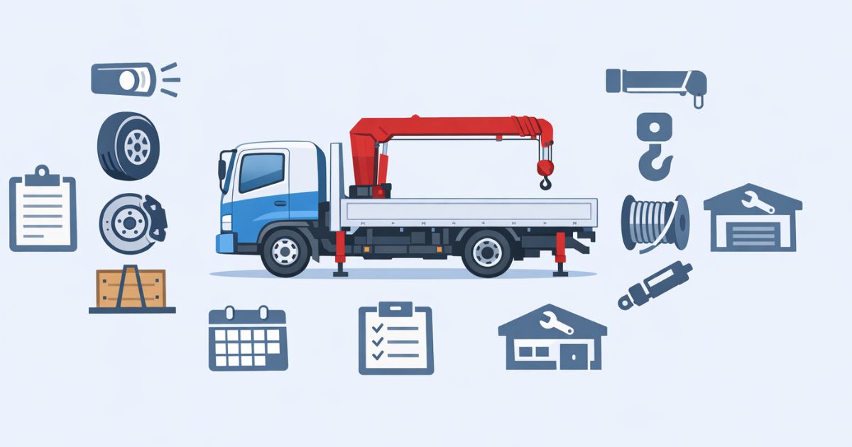 ユニック車の車検で確認対象を本体と装置に分けて整理した図