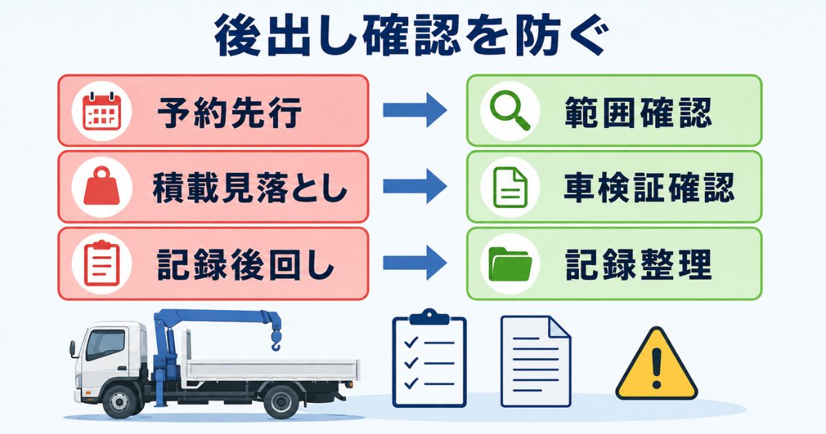ユニック車の車検前に起こりやすい失敗例と回避策を整理した図