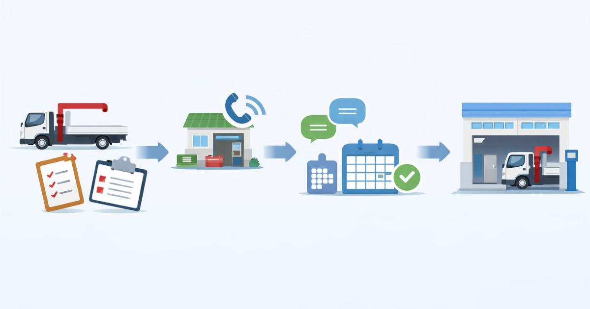 ユニック車の車検前準備を4段階で整理した流れ図