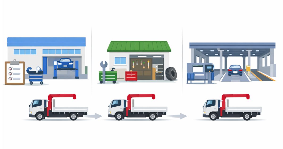 ユニック車の車検依頼先ごとの違いを比較できる図