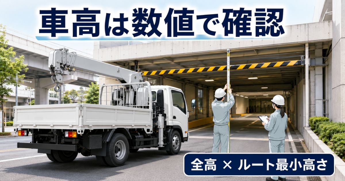 高架下や立体駐車場入口でユニック車の車高を数値確認している場面