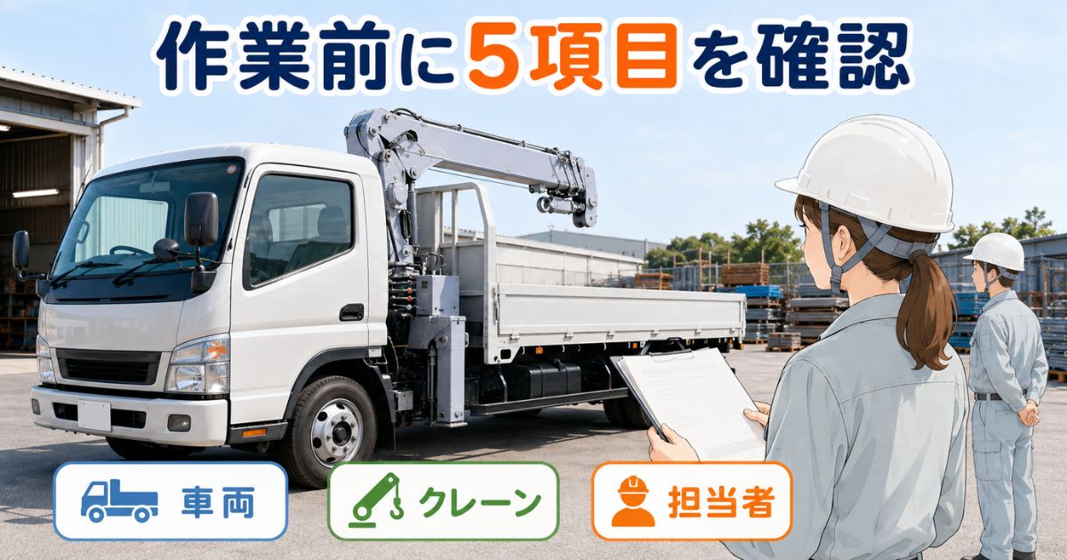 ユニック車の作業前に車両情報・クレーン能力・担当者を確認する様子