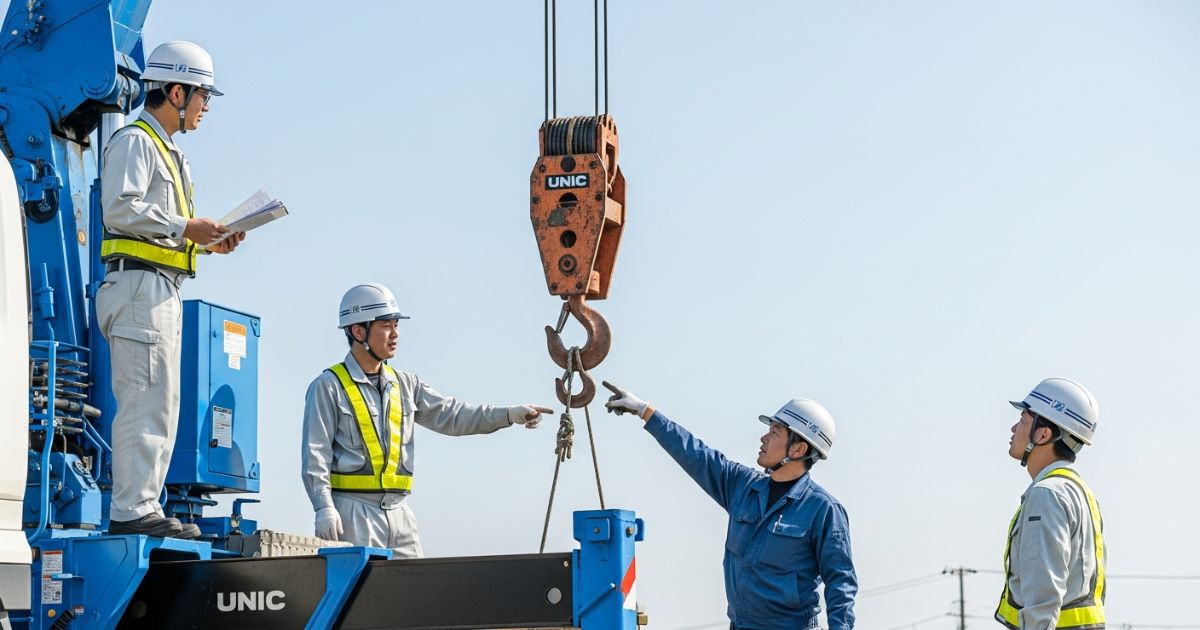 ユニック車作業で操作・玉掛け・補助の役割分担を確認しているイメージ