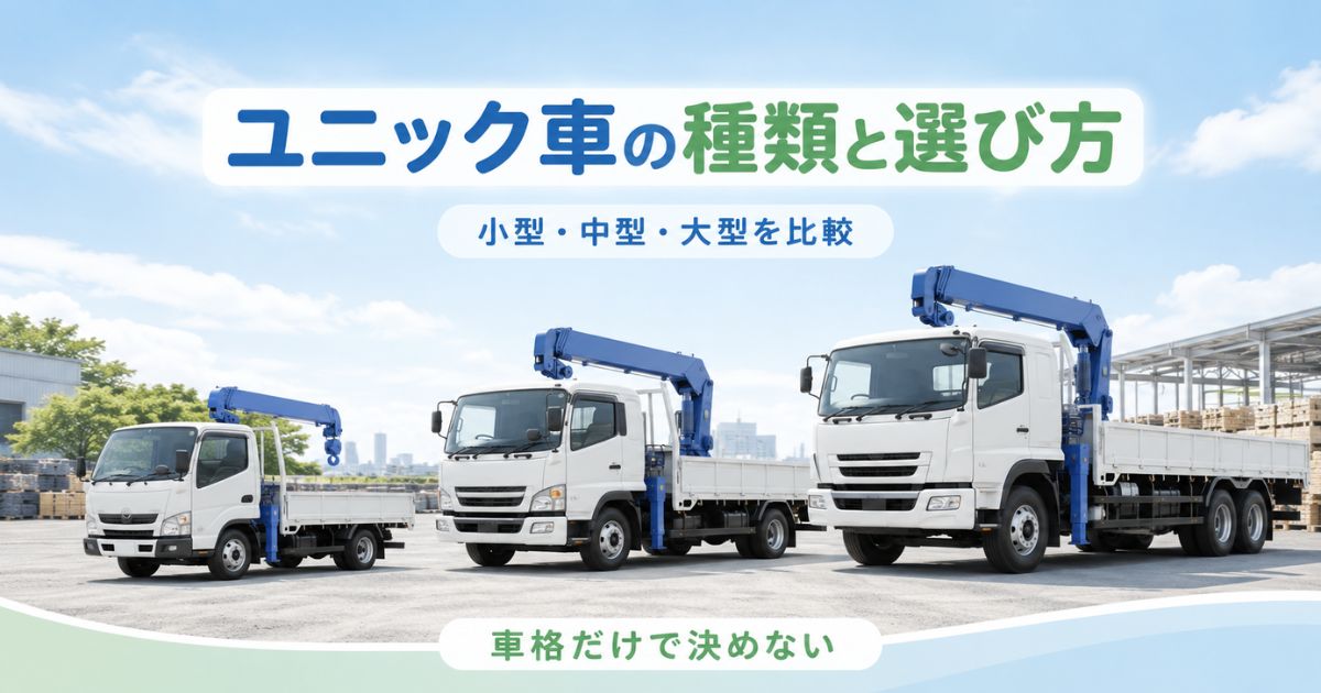 小型・中型・大型のユニック車を並べ、車格だけでなく現場条件から選ぶことを示すアイキャッチ画像
