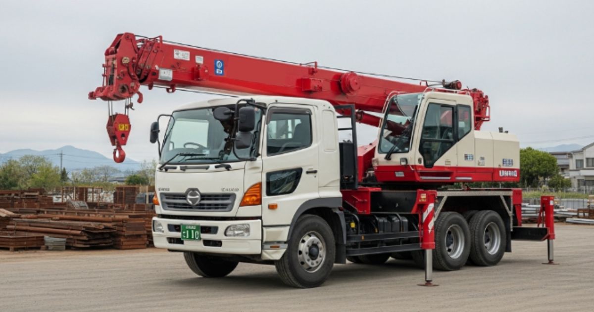 資材置場に停車するクレーン付きトラック（ユニック車）の外観