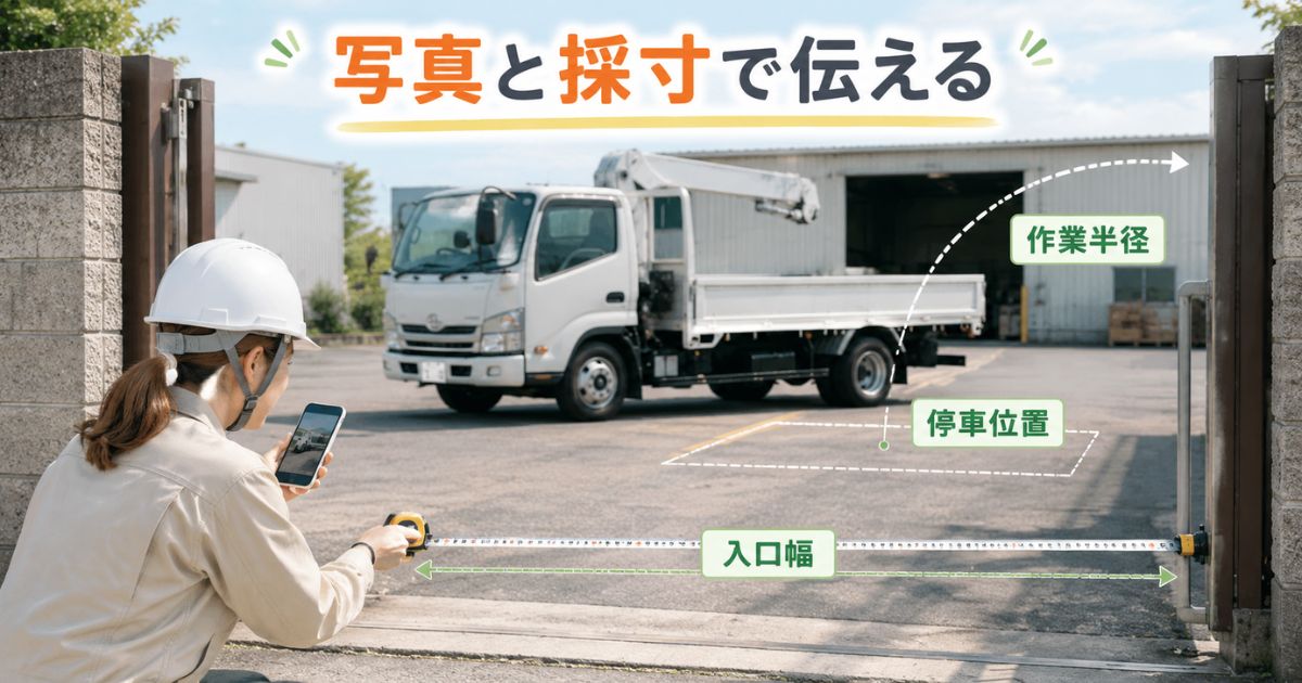 ユニック車の手配前に入口幅・停車位置・作業半径を測り、現場写真と採寸値を確認する様子
