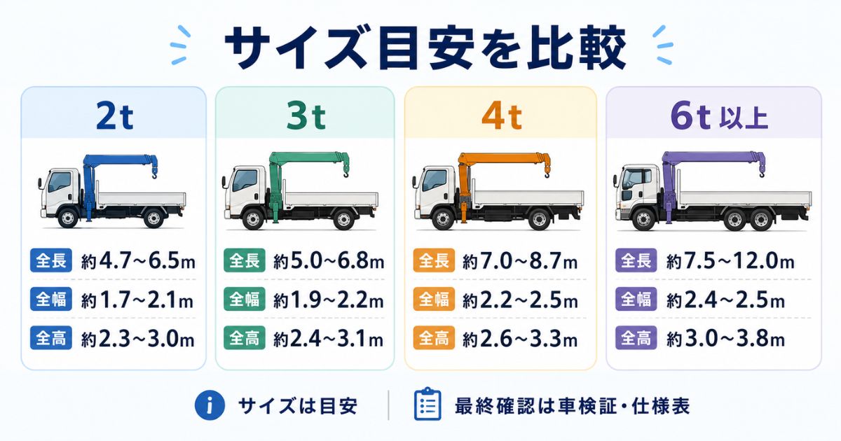 2t・3t・4t・6t以上のユニック車サイズ目安を全長・全幅・全高で比較した図解