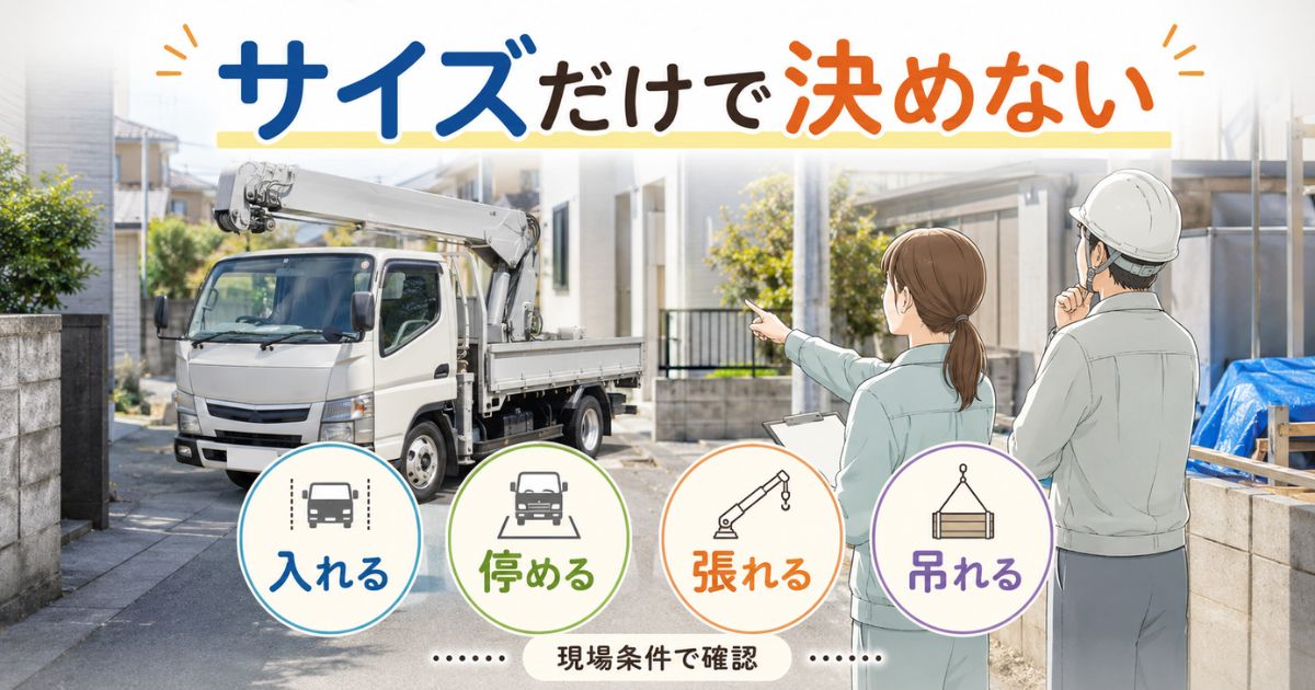 ユニック車のサイズ確認で入れる・停める・張れる・吊れるを分けて確認するアイキャッチ画像