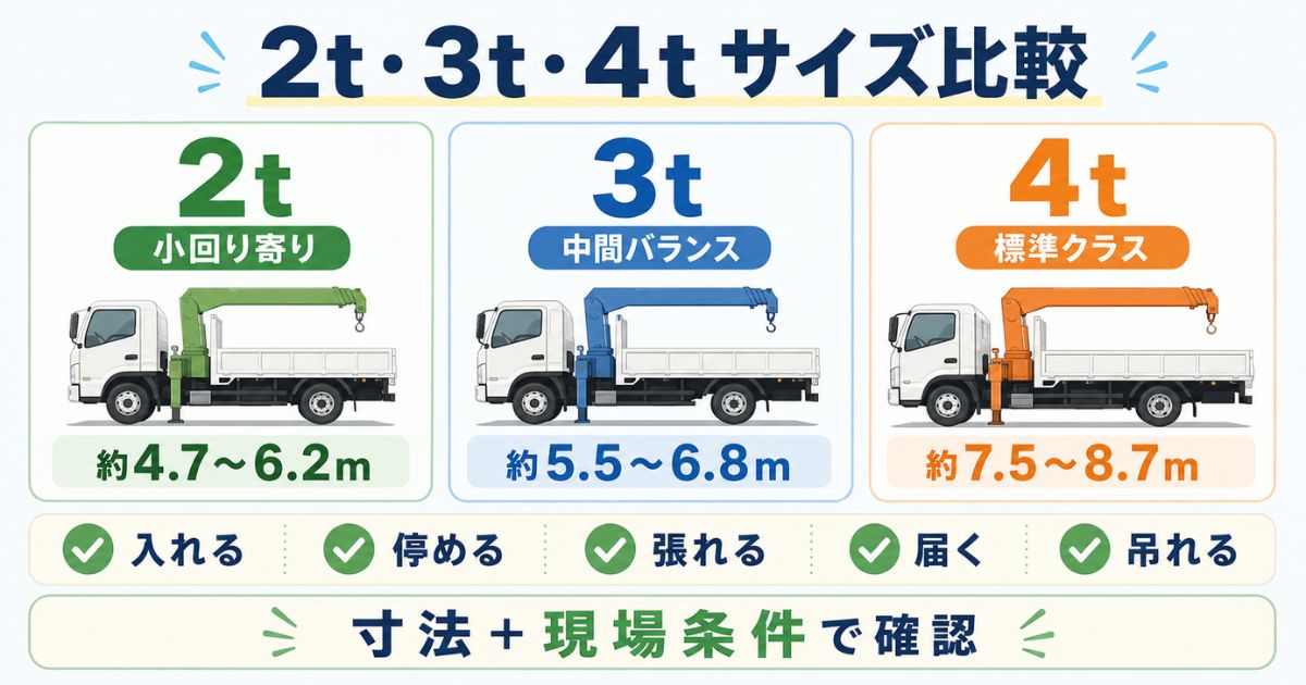 2t・3t・4tユニック車の全長目安と入れる・停める・張れる・届く・吊れる確認を示すサイズ比較図解