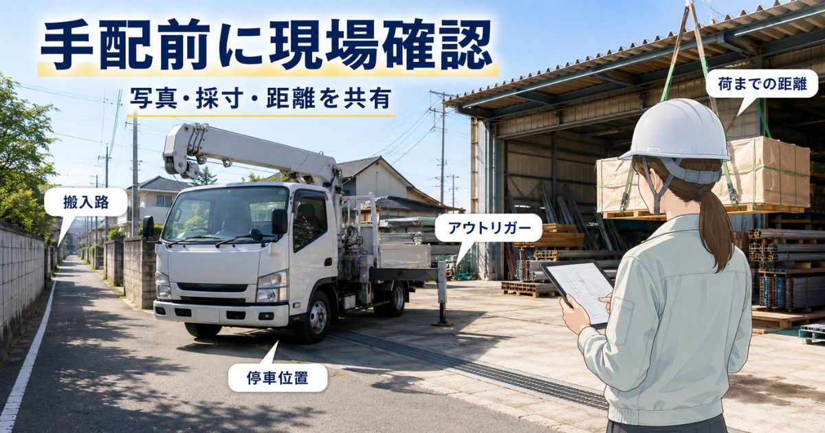 ユニック車の手配前に搬入路・停車位置・アウトリガー・荷までの距離を確認している現場確認シーン