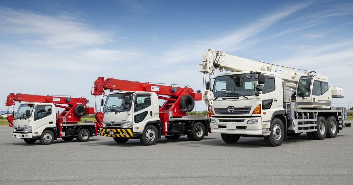 小型・中型・大型のユニック車(クレーン付きトラック)を並べて比較したイメージ