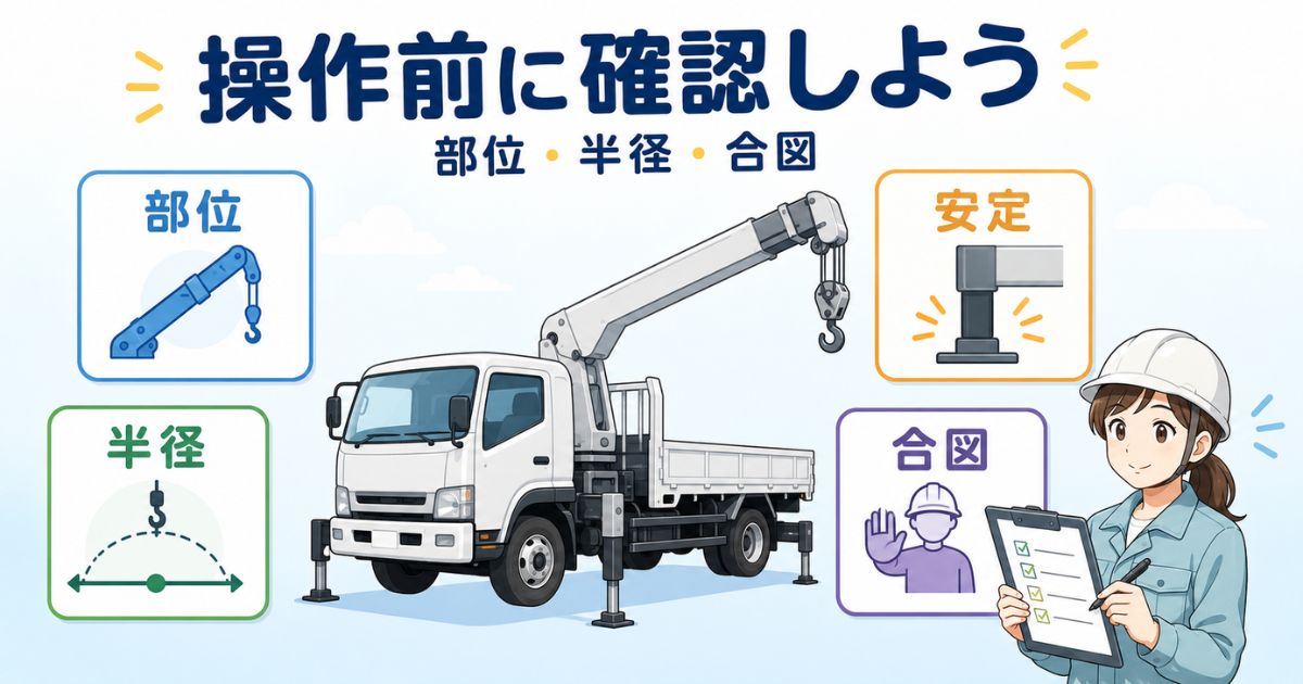 ユニック車の操作前に部位・作業半径・合図を確認する流れを示したアイキャッチ画像