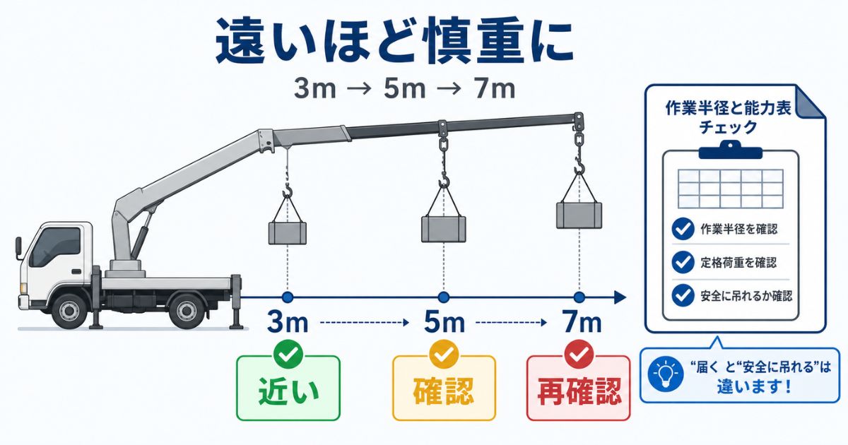 ユニック車の作業半径3m・5m・7mで能力表を読み直す考え方を示した図解