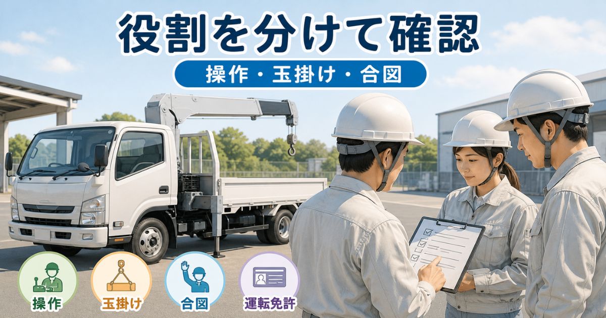 ユニック車の操作・玉掛け・合図の役割を作業前に確認している場面