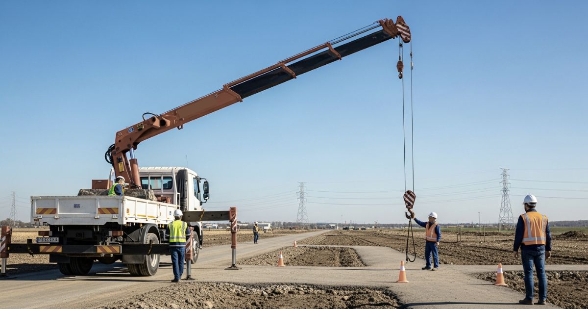 ユニック車の操作可否を荷重・作業半径・設置条件と現場ルールで照合している場面