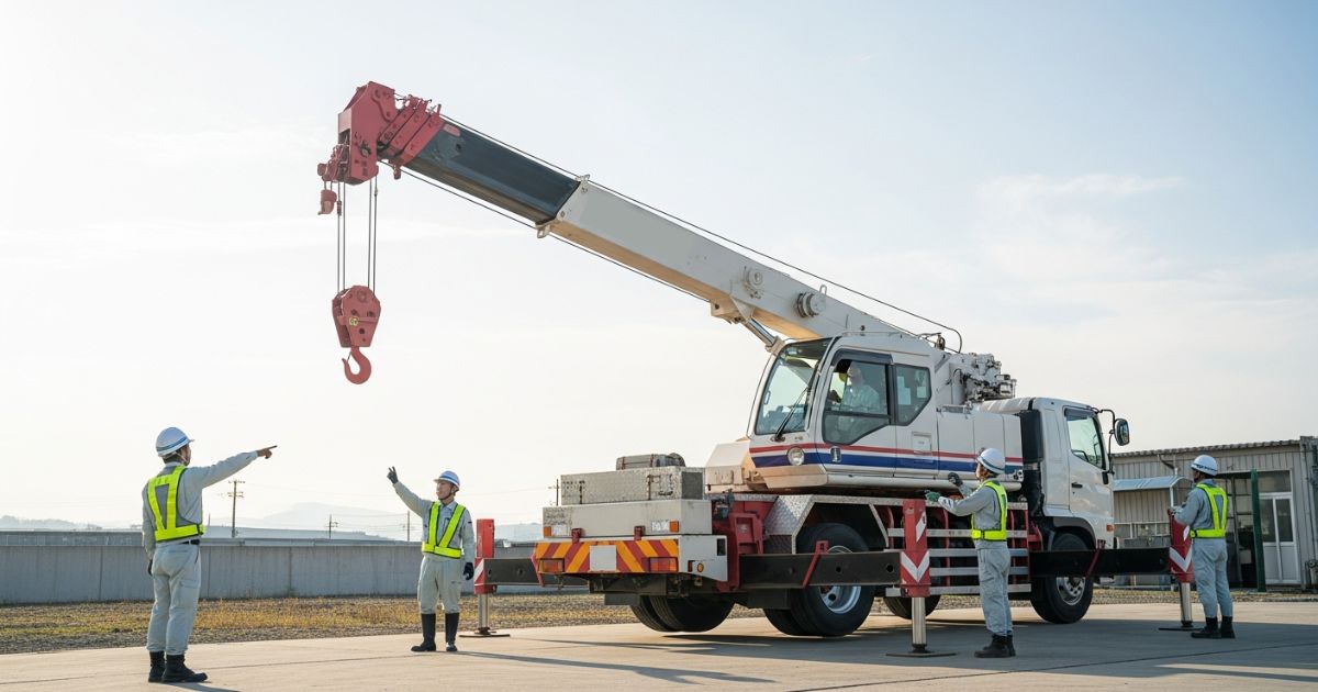 ユニック車の操作に必要な資格を確認する作業前の安全打合せの様子