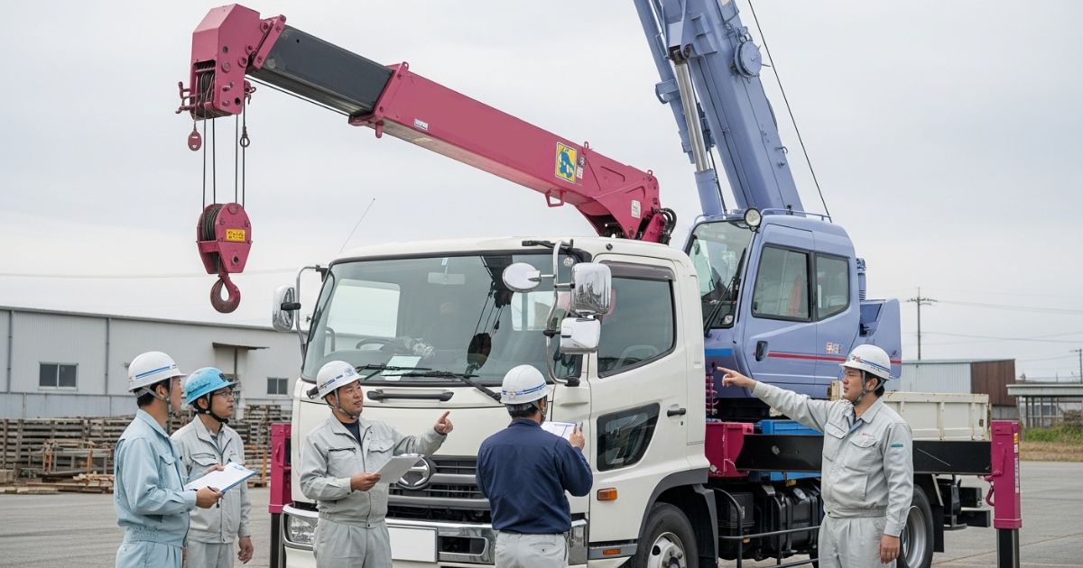 ユニック車の運転・クレーン操作・玉掛け・合図の役割分担を事前確認している様子