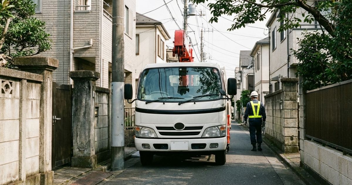 狭い進入路でユニック車が停止して確認している様子(全長・全幅・全高が効く場面)