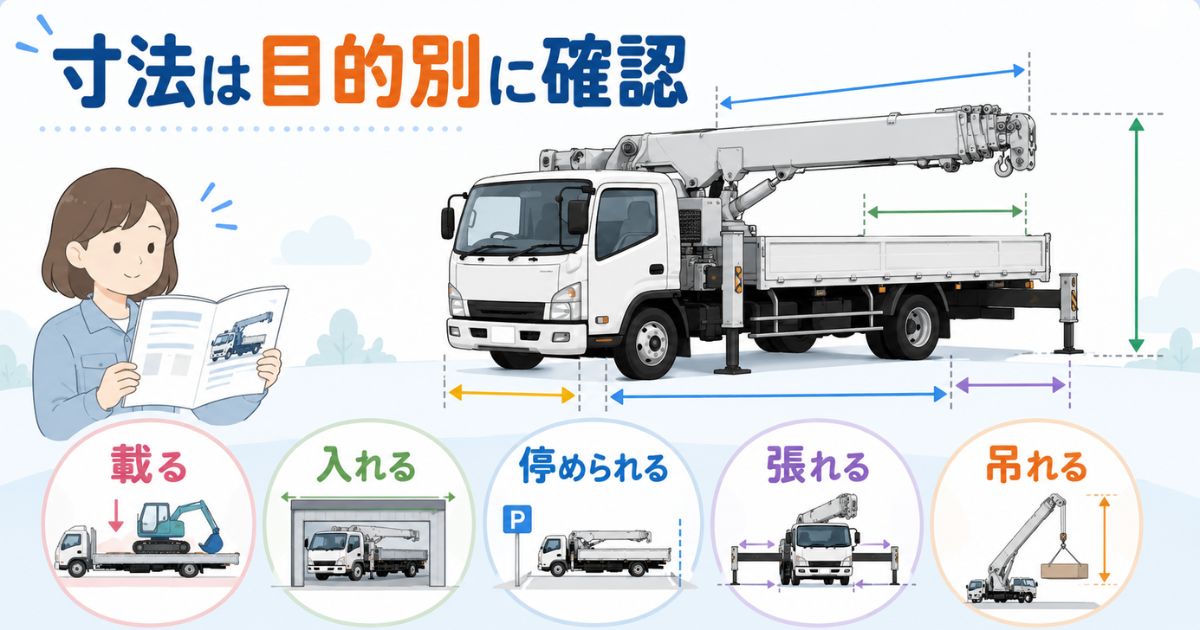 ユニック車の寸法を載る・入れる・停められる・張れる・吊れるに分けて確認する図解