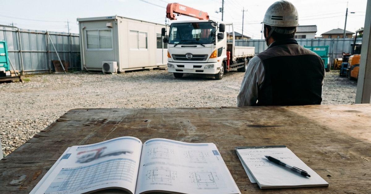 ユニック車のカタログ寸法表を確認しながらメモを取る実務シーン（寸法の見方のイメージ）