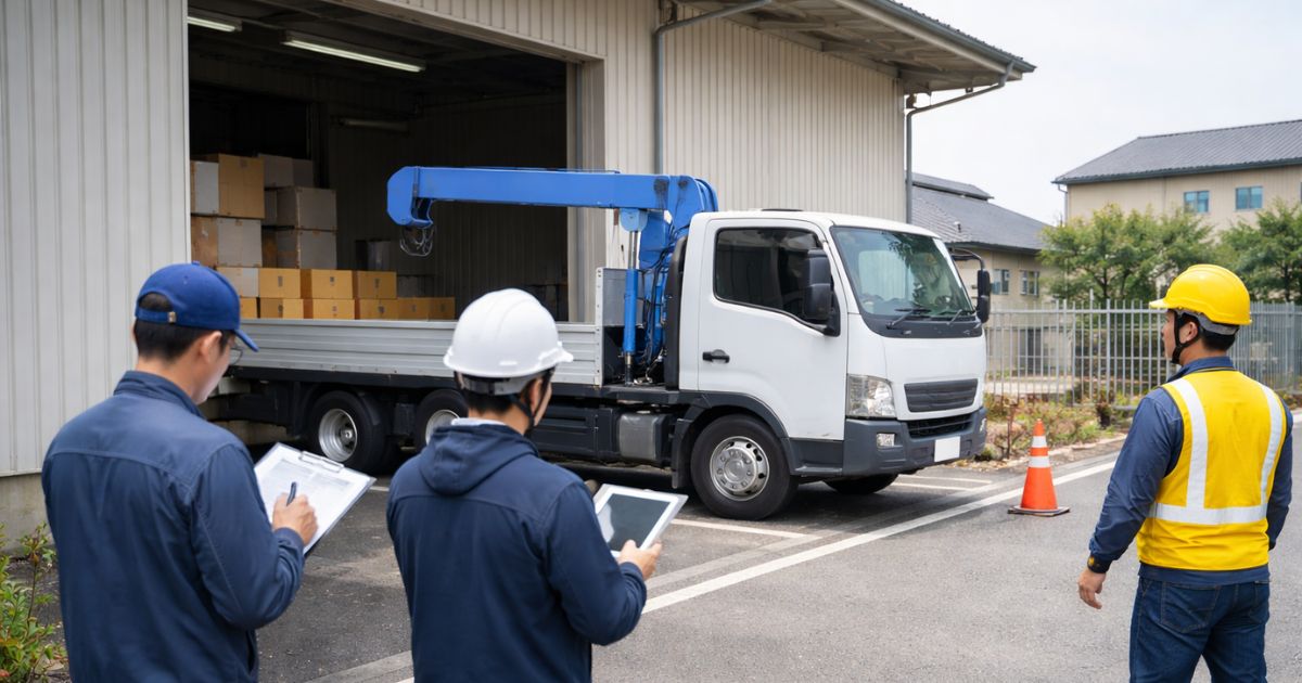 現場で進入条件と安全確認を行うユニック車の実務風景