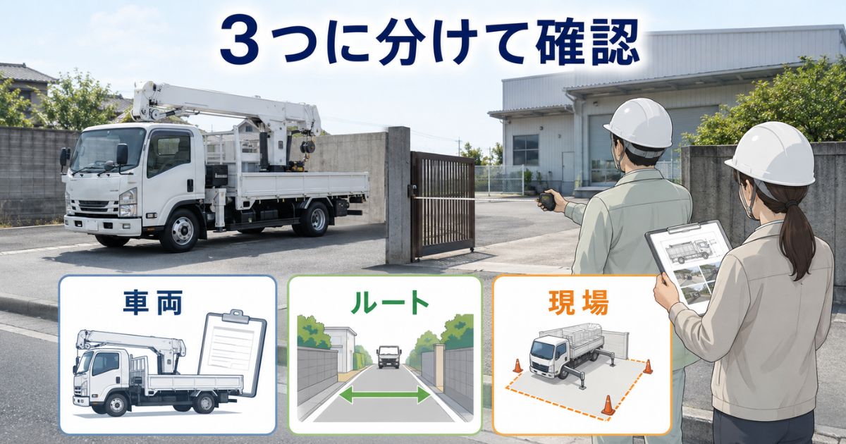 ユニック車の手配前に車両・ルート・現場の寸法を確認している様子