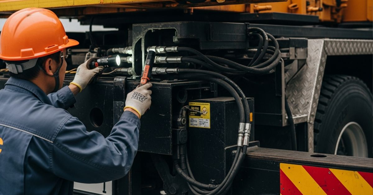 ユニック車のクレーン装置周辺をライトで照らしながら点検している様子