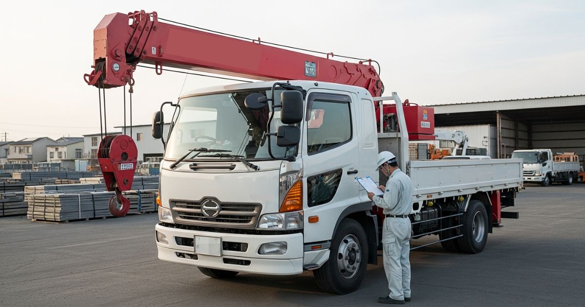 資材置場で小型ユニック車を点検し、チェックリストを確認している作業員の様子