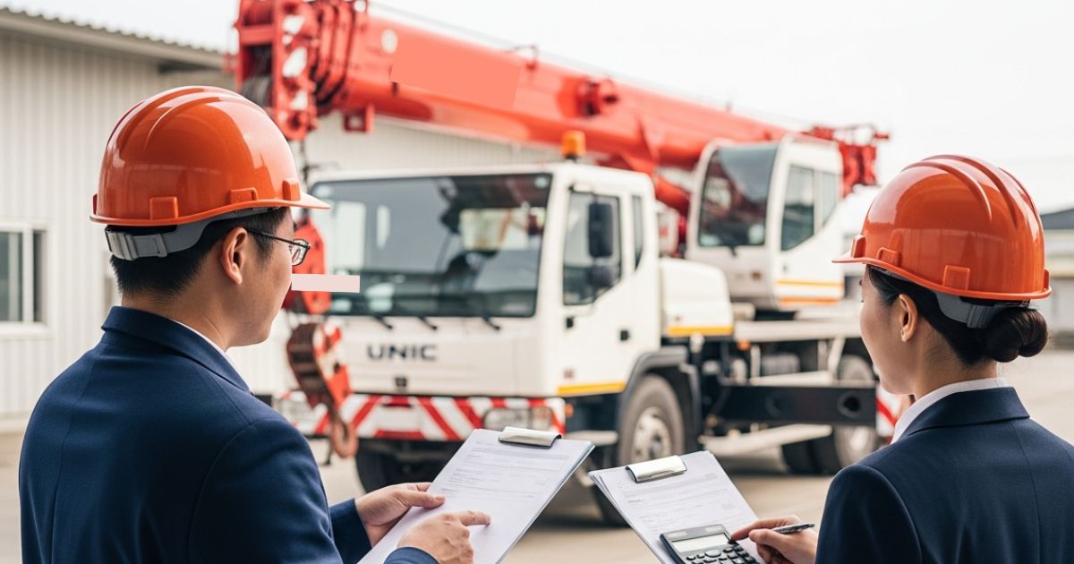 ユニック車を前に、書類を使って法定基準と運用状況を確認している様子