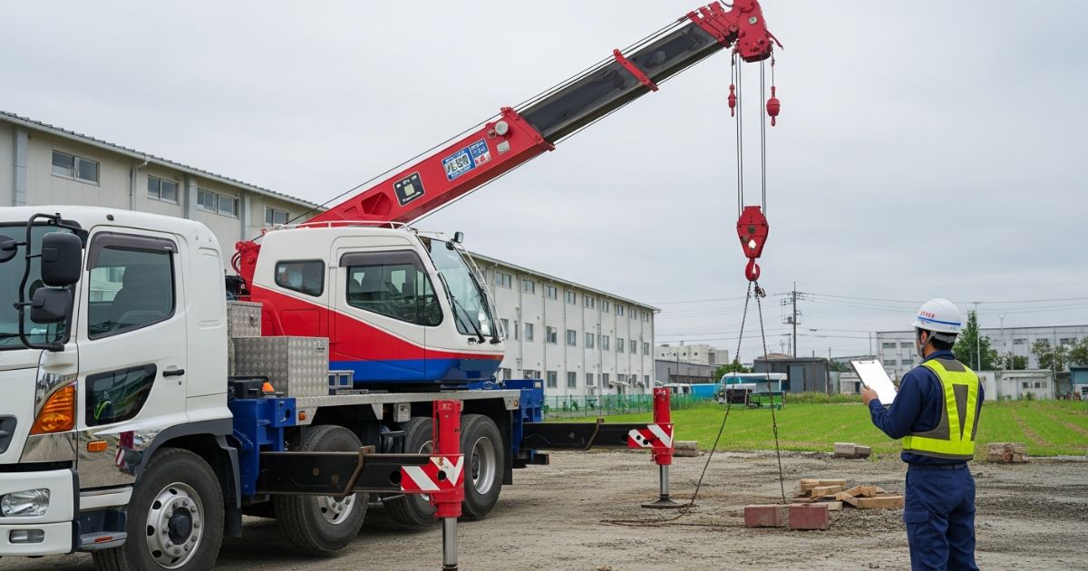 ユニック車の据え付け前に、アウトリガーや作業条件を確認している様子