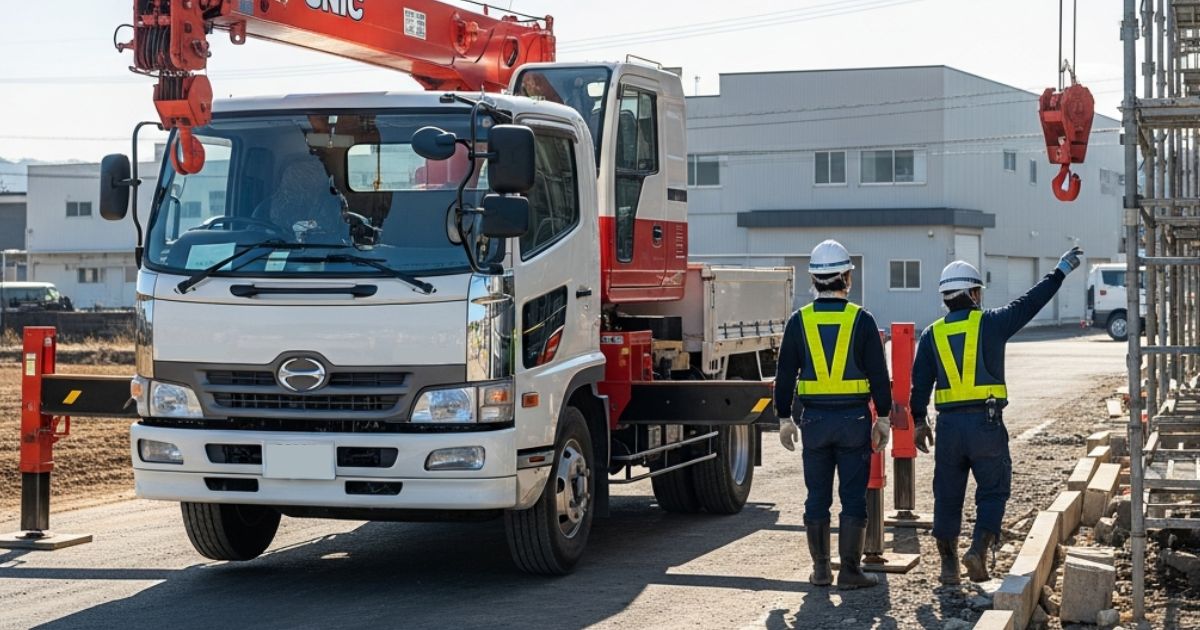 ユニック車の作業前に、役割分担が曖昧なまま指示を出している現場の様子