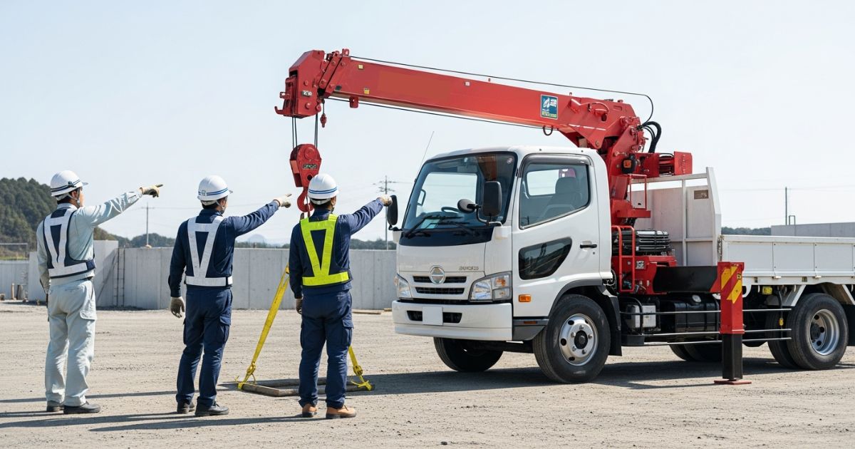 ユニック車の吊り作業前に、操作・玉掛け・合図の役割分担を確認している様子