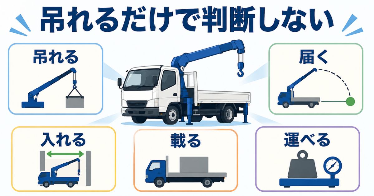 ユニック車の転倒・横転を防ぐために、吊れる・届く・入れる・載る・運べるを別々に確認することを示す図解
