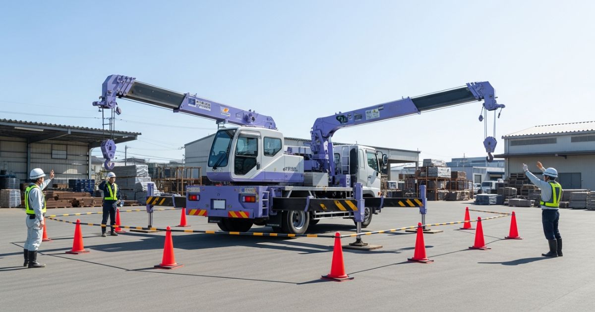 クレーン付きトラックで停車位置とアウトリガーを整え、作業区画を作って転倒・横転を防ぐ確認をしている現場
