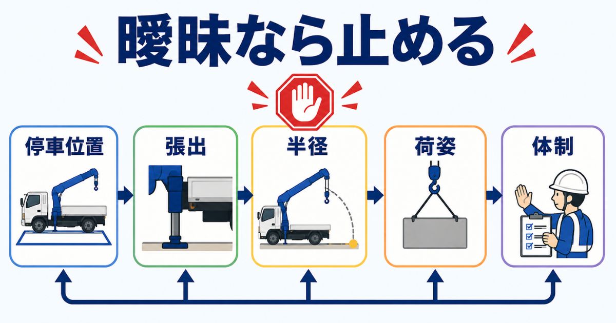 ユニック車の作業で条件が曖昧なときに、停車位置・張り出し・半径・荷姿・体制へ戻して確認する流れ