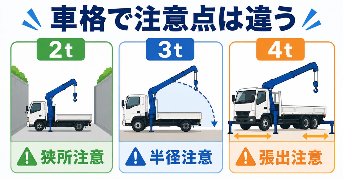 2t・3t・4tユニック車で転倒・横転リスクの注意点が異なることを比較する図解