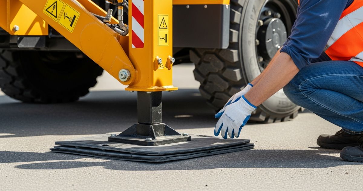 アウトリガーの敷板と接地状態を確認し、地盤の沈み込みや水平不足による転倒を防ぐ様子