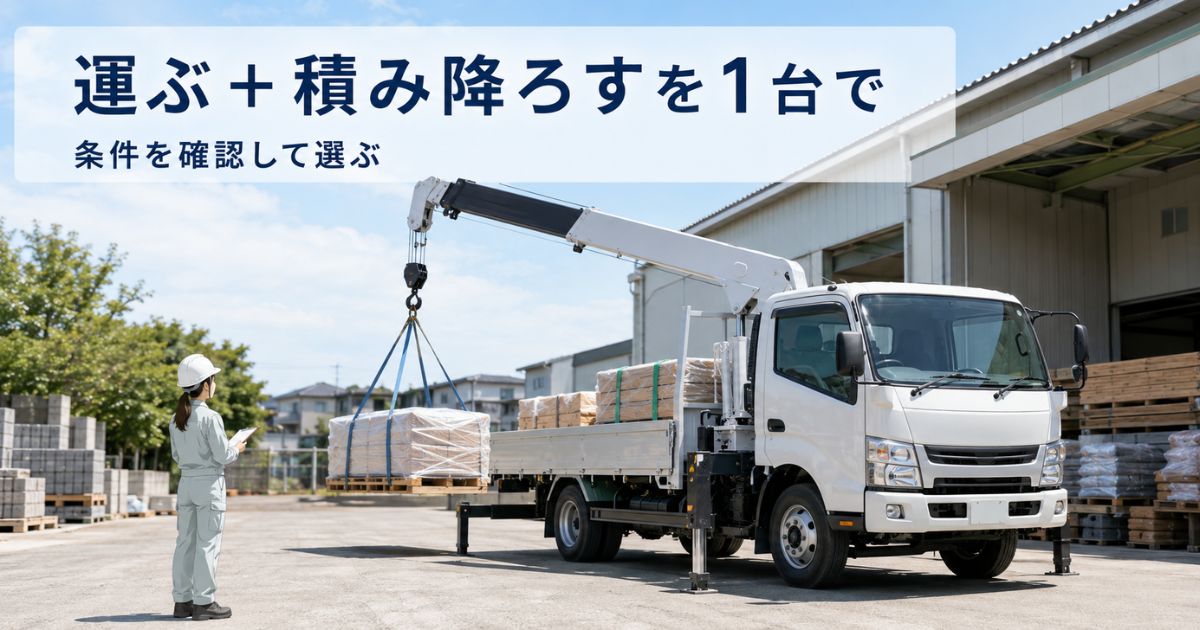 資材の運搬とクレーンによる積み降ろしを1台で行うユニック車のイメージ