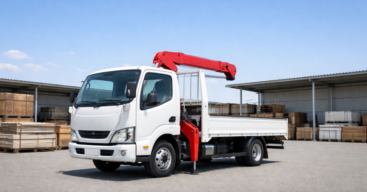 日本の建設現場で待機するユニック車（クレーン付きトラック）の外観