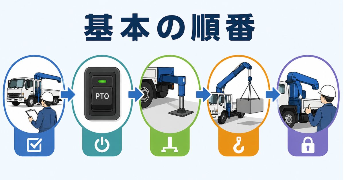 ユニック車の基本操作を作業前確認からPTO、アウトリガー、吊り作業、格納まで順番に示した図解