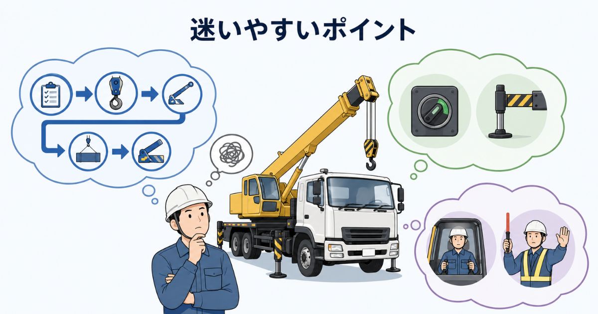 ユニック車の使い方で迷いやすいポイントを手順や前提条件、役割分担の観点で示した図解