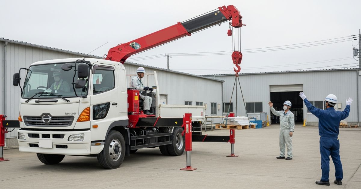 ユニック車で吊り作業を行い、合図者と役割分担を確認しながら作業している様子