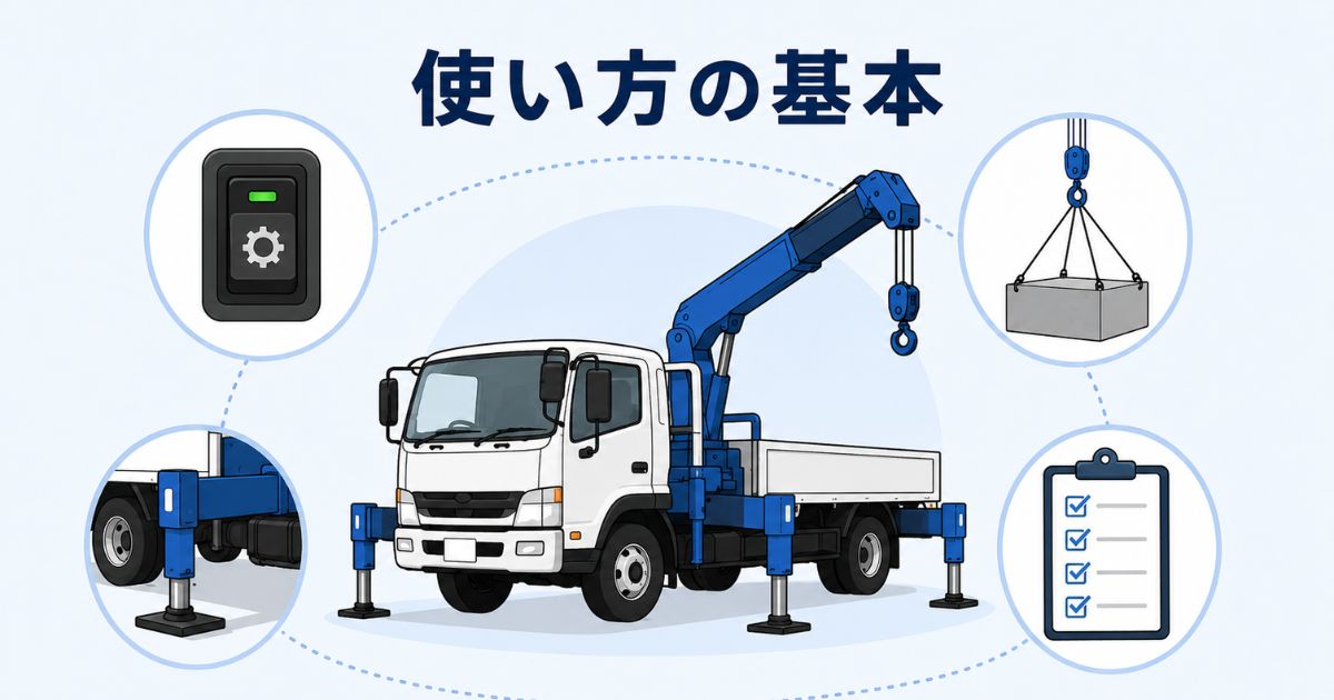 ユニック車の使い方の基本としてPTOやアウトリガー、吊り作業、確認項目の全体像を示した図解
