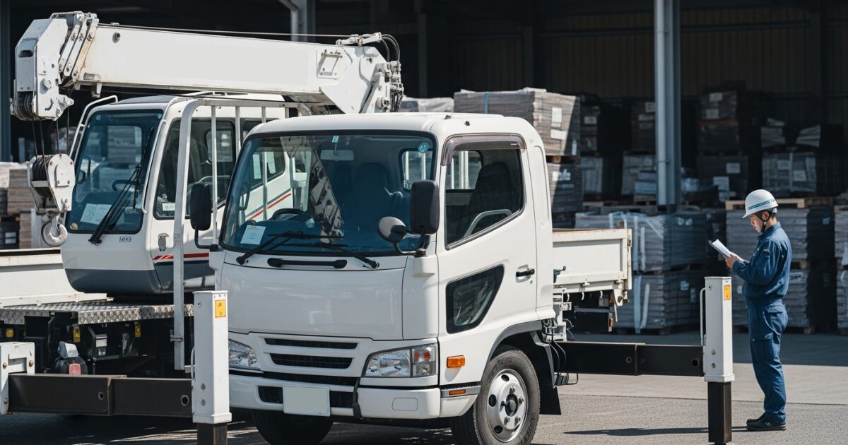 アウトリガーを展開したユニック車で、作業前にチェックリストを確認している様子