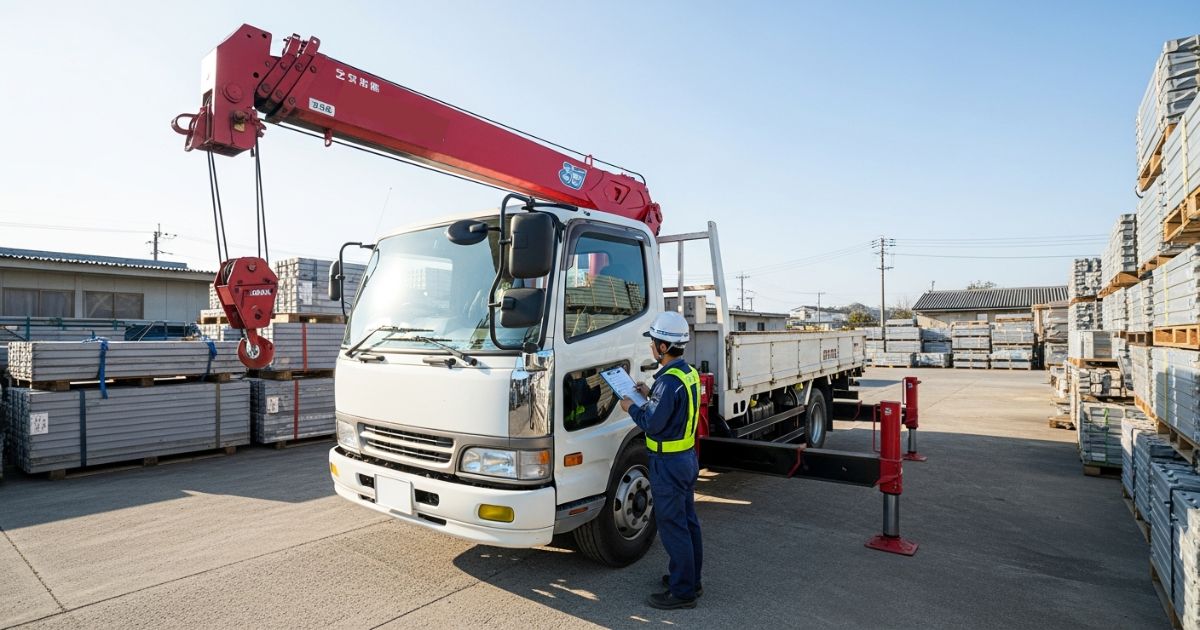 停車後にアウトリガーを張り出して安定条件を確認しているユニック車