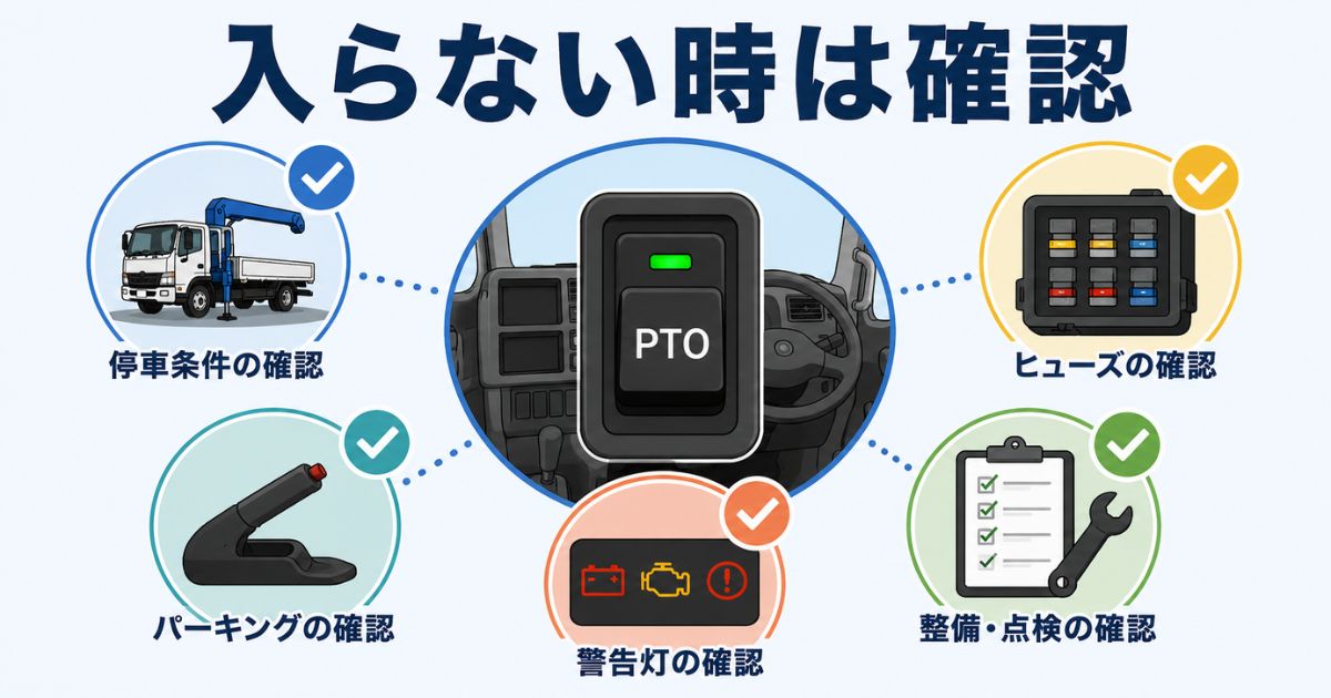 ユニック車のPTOが入らないときに操作順や警告灯、ヒューズを確認する図解