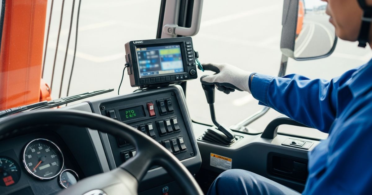 運転席でPTO作動の確認を行い、クレーン操作の前提を整えている様子